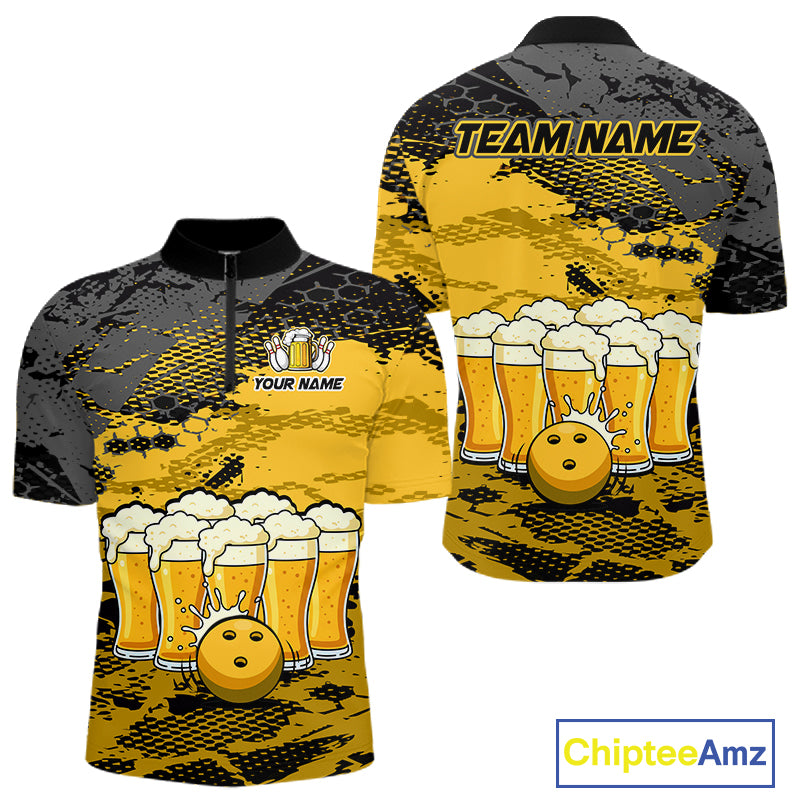 Custom Yellow Beer Bowling Shirts for Men Bowling Team Jersey Bowling League Polo & 1/4 Zip HNT493