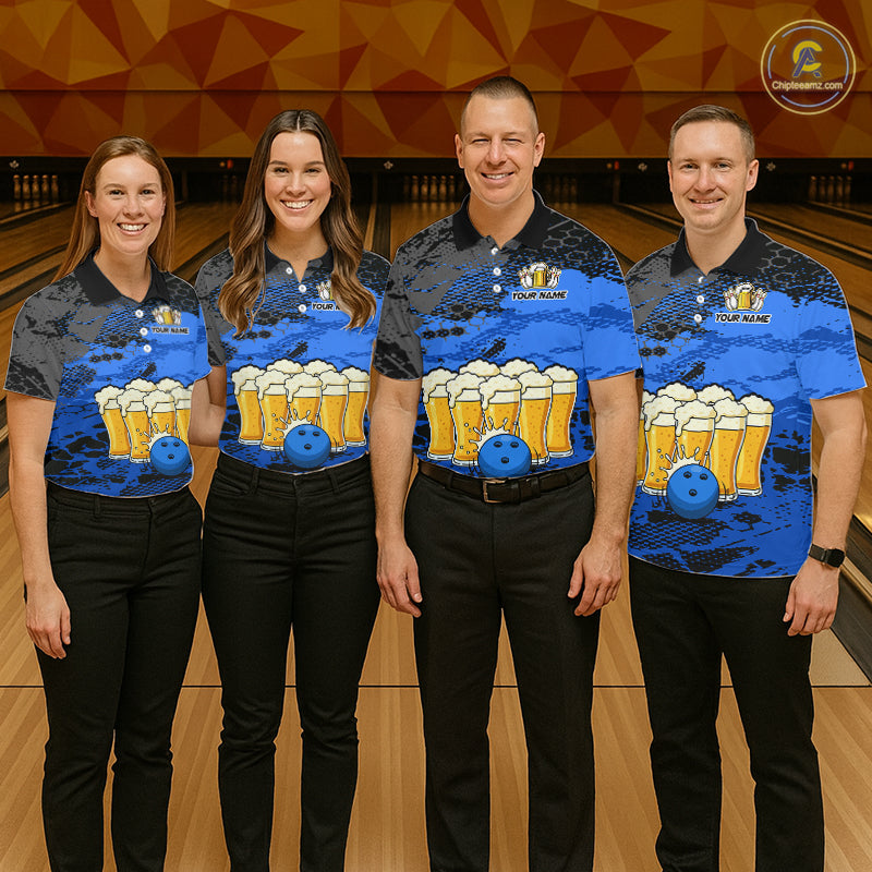 Custom Blue Beer Bowling Shirts for Women Bowling Team Jersey Bowling League Polo & 1/4 Zip HNT493