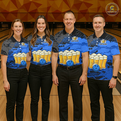 Custom Blue Beer Bowling Shirts for Men Bowling Team Jersey Bowling League Polo & 1/4 Zip HNT493