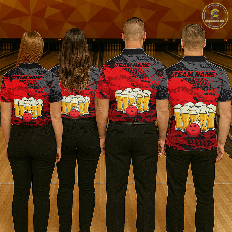 Custom Red Beer Bowling Shirts for Women Bowling Team Jersey Bowling League Polo & 1/4 Zip HNT493