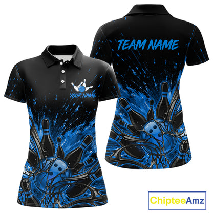 Personalized Blue Bowling Jerseys For Women, Custom Bowling Team Shirts Bowling Pin And Ball HNT494