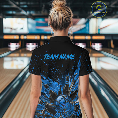 Personalized Blue Bowling Jerseys For Women, Custom Bowling Team Shirts Bowling Pin And Ball HNT494