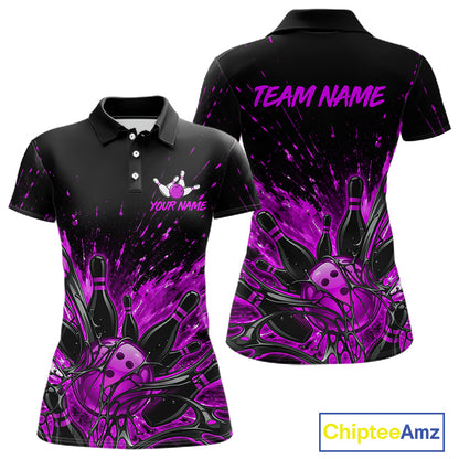 Personalized Purple Bowling Jerseys For Women, Custom Bowling Team Shirts Bowling Pin And Ball HNT494