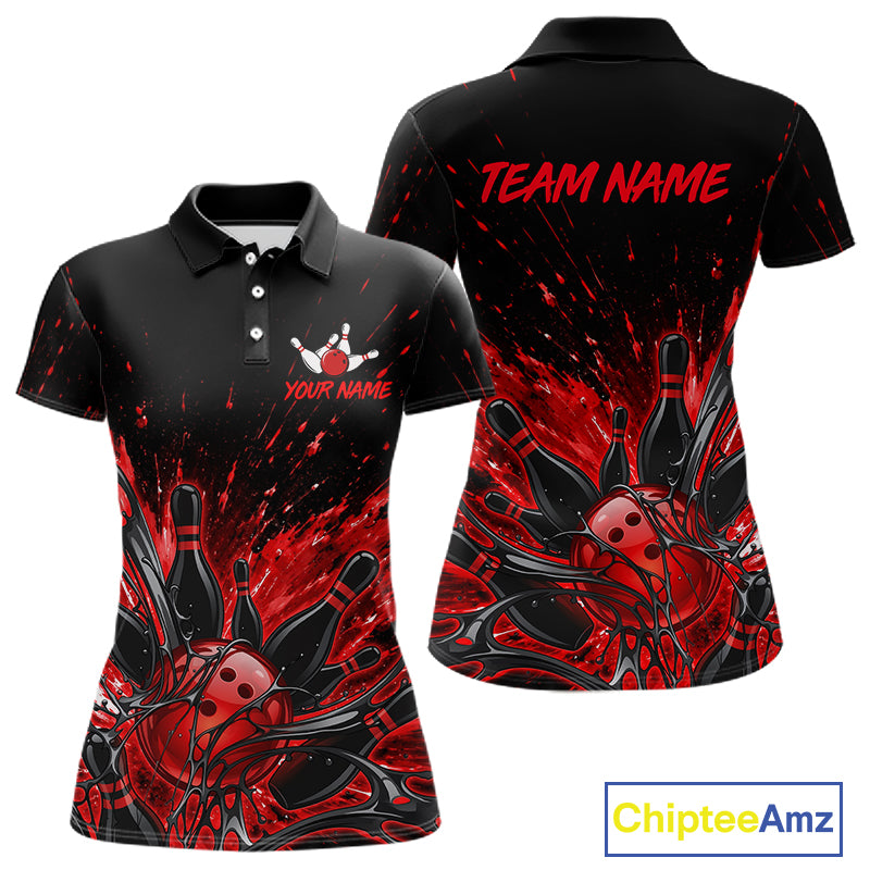Personalized Red Bowling Jerseys For Women, Custom Bowling Team Shirts Bowling Pin And Ball HNT494