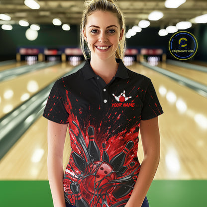Personalized Red Bowling Jerseys For Women, Custom Bowling Team Shirts Bowling Pin And Ball HNT494