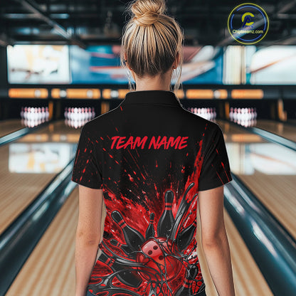 Personalized Red Bowling Jerseys For Women, Custom Bowling Team Shirts Bowling Pin And Ball HNT494