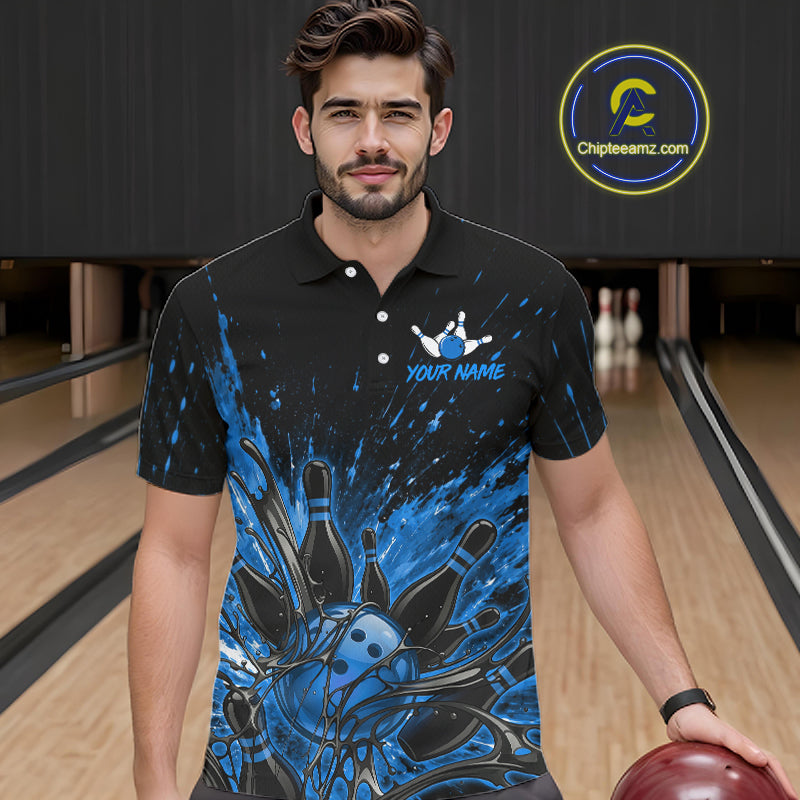 Personalized Blue Bowling Jerseys For Men, Custom Bowling Team Shirts Bowling Pin And Ball HNT494