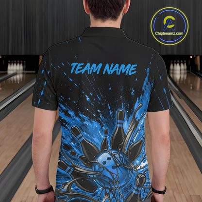 Personalized Blue Bowling Jerseys For Men, Custom Bowling Team Shirts Bowling Pin And Ball HNT494