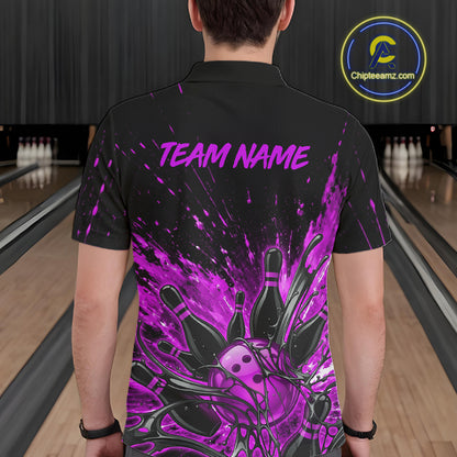 Personalized Purple Bowling Jerseys For Men, Custom Bowling Team Shirts Bowling Pin And Ball HNT494