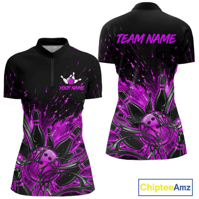 Personalized Purple Bowling Jerseys For Women, Custom Bowling Team Shirts Bowling Pin And Ball HNT494