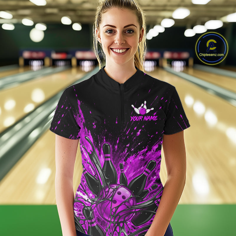 Personalized Purple Bowling Jerseys For Women, Custom Bowling Team Shirts Bowling Pin And Ball HNT494