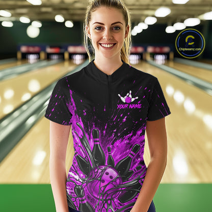 Personalized Purple Bowling Jerseys For Women, Custom Bowling Team Shirts Bowling Pin And Ball HNT494