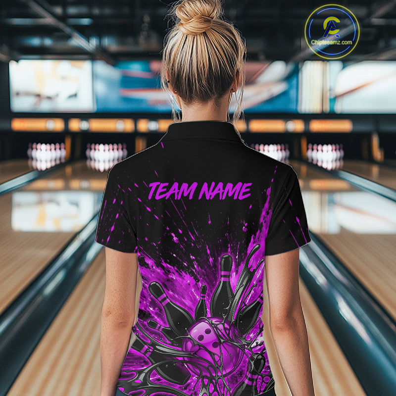 Personalized Purple Bowling Jerseys For Women, Custom Bowling Team Shirts Bowling Pin And Ball HNT494
