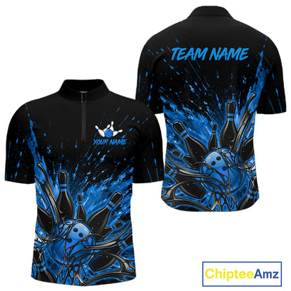 Personalized Blue Bowling Jerseys For Men, Custom Bowling Team Shirts Bowling Pin And Ball HNT494