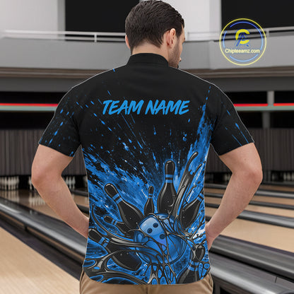 Personalized Blue Bowling Jerseys For Men, Custom Bowling Team Shirts Bowling Pin And Ball HNT494