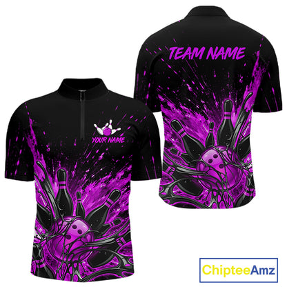 Personalized Purple Bowling Jerseys For Men, Custom Bowling Team Shirts Bowling Pin And Ball HNT494