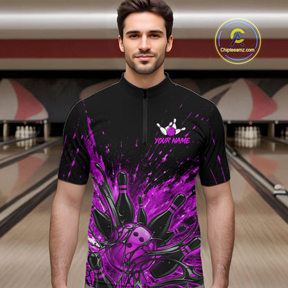 Personalized Purple Bowling Jerseys For Men, Custom Bowling Team Shirts Bowling Pin And Ball HNT494