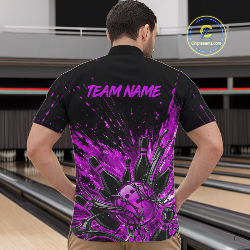 Personalized Purple Bowling Jerseys For Men, Custom Bowling Team Shirts Bowling Pin And Ball HNT494