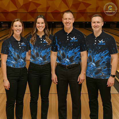 Personalized Blue Bowling Jerseys For Men, Custom Bowling Team Shirts Bowling Pin And Ball HNT494