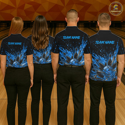 Personalized Blue Bowling Jerseys For Men, Custom Bowling Team Shirts Bowling Pin And Ball HNT494