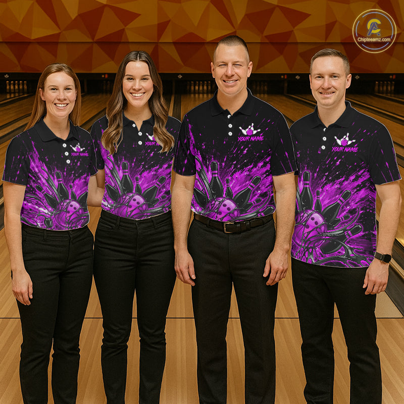Personalized Purple Bowling Jerseys For Women, Custom Bowling Team Shirts Bowling Pin And Ball HNT494
