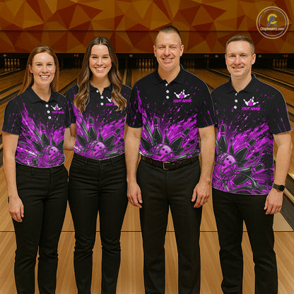 Personalized Purple Bowling Jerseys For Women, Custom Bowling Team Shirts Bowling Pin And Ball HNT494