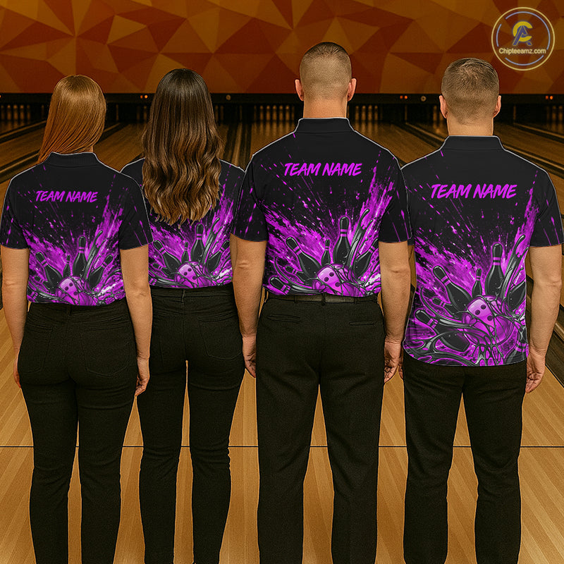 Personalized Purple Bowling Jerseys For Women, Custom Bowling Team Shirts Bowling Pin And Ball HNT494