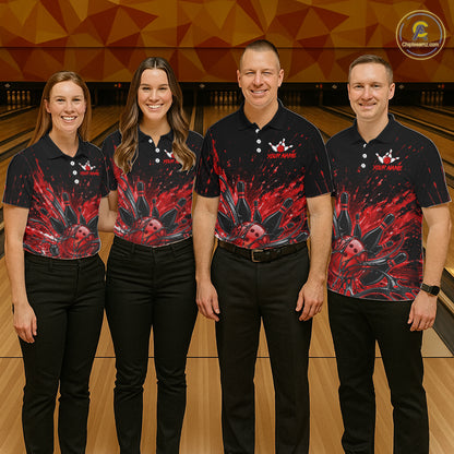 Personalized Red Bowling Jerseys For Women, Custom Bowling Team Shirts Bowling Pin And Ball HNT494