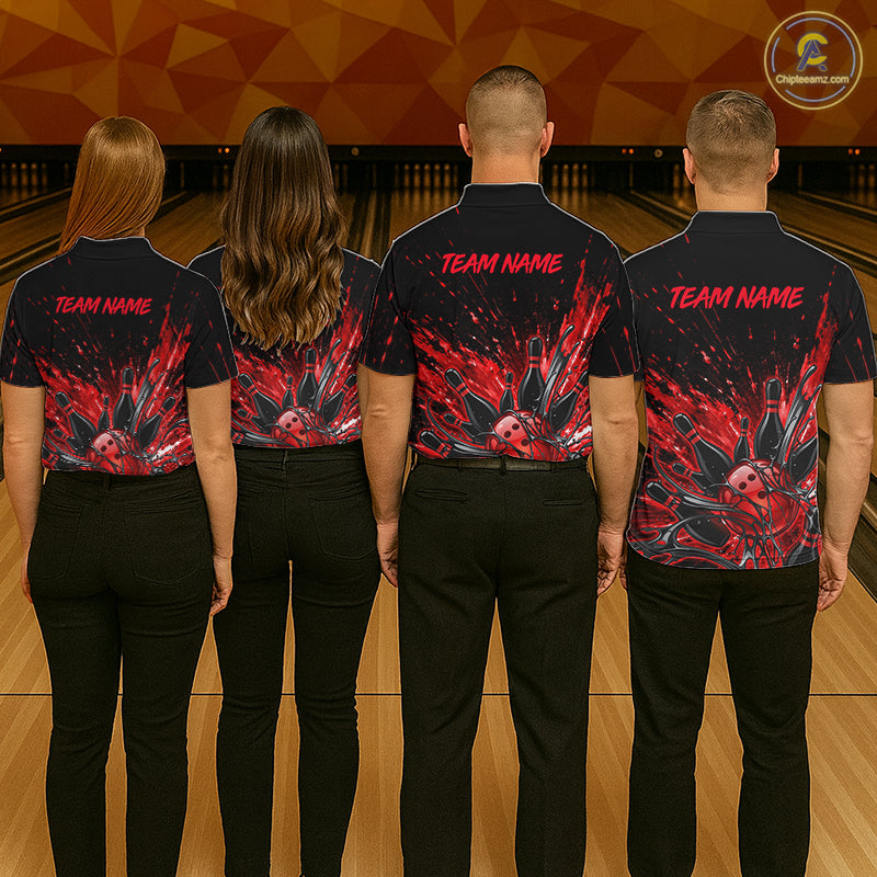 Personalized Red Bowling Jerseys For Women, Custom Bowling Team Shirts Bowling Pin And Ball HNT494