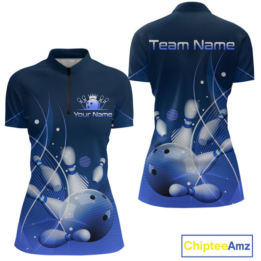 Custom Blue Bowling Jersey for Women Bowling Uniform Bowling Team Shirts Polo & 1/4 Zip HNT168