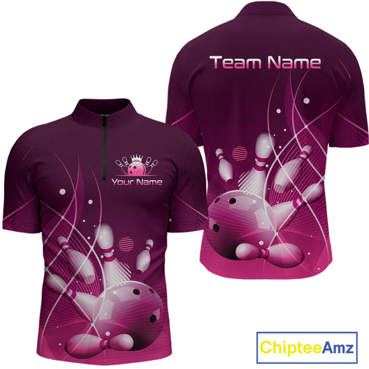 Custom Pink Bowling Jersey for Men Bowling Uniform  Bowling Team Shirts Polo & 1/4 Zip HNT168