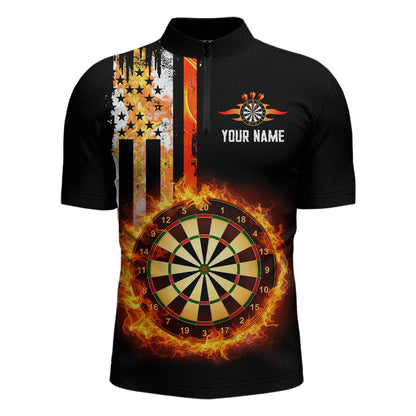 Custom Flame US Flag Darts Shirt for Men Darts Team Jerseys Dart Tournament Polo & 1/4 Zip NNT115