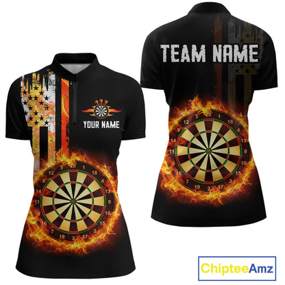 Custom Flame US Flag Darts Shirt for Women Darts Team Jerseys Dart Tournament Polo & 1/4 Zip NNT115