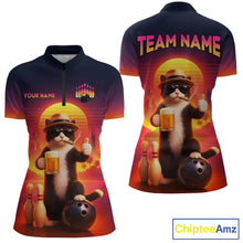 Load image into Gallery viewer, Custom Beer Cat Retro Bowling Shirt for Women Cat Funny Beer Bowling Team Jersey Polo &amp;1/4 Zip HNT275