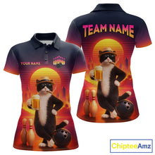 Load image into Gallery viewer, Beer Cat Funny Bowling Shirt for Women Retro Custom Cat with Beer Bowling Team Jersey HNT274