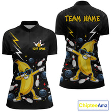 Load image into Gallery viewer, Black quarter zip shirt with a banana character and bowling elements, featuring 'Your Name' and 'Team Name' text on a white background.