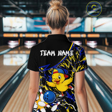 Load image into Gallery viewer, Person wearing a colorful bowling shirt with a duck design in a bowling alley.