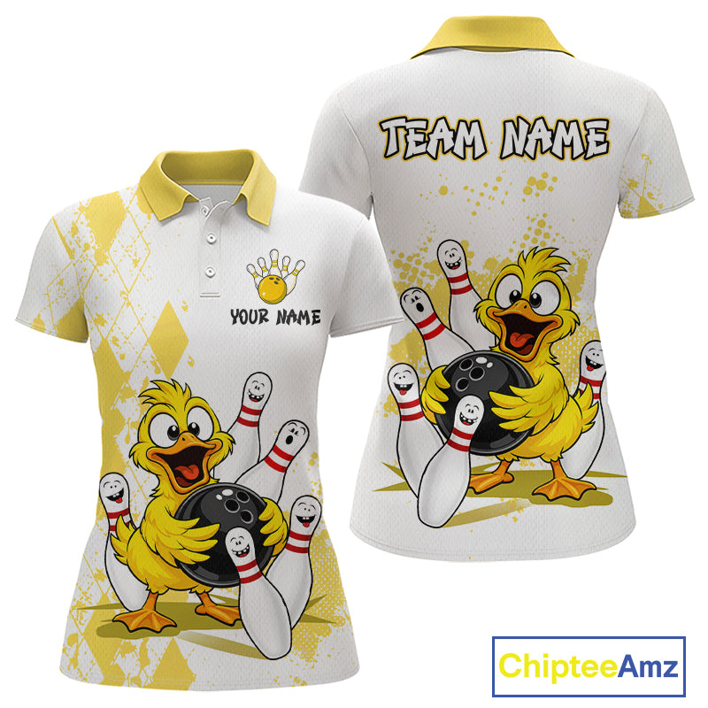 A women's short-sleeve polo shirt shown from the front and back, featuring a cartoon yellow duck bowling with white bowling pins, yellow diamond argyle pattern, and customizable text areas on the chest and back.