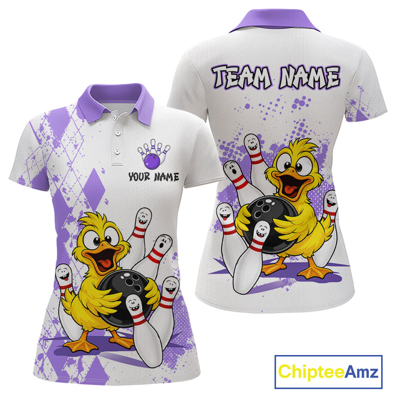 White and purple women's polo shirt with a cartoon yellow duck bowling graphic, shown from both front and back on a white background. The shirt has a purple collar and sleeve accents, customizable text on the front chest, and 'TEAM NAME' printed on the back.