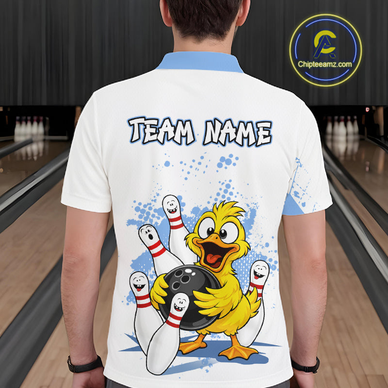 A man viewed from behind wearing a white short-sleeve polo shirt with a light blue collar and sleeve trim. The back of the shirt features a large cartoon yellow duck holding a bowling ball with bowling pins around it, and the text 'TEAM NAME' across the upper back.