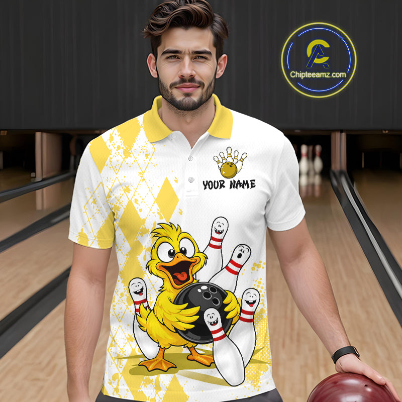 A man wearing a white and yellow bowling-themed polo shirt with a cartoon yellow duck holding bowling pins and a bowling ball, set against a bowling alley background. A circular 'Chileanzee.