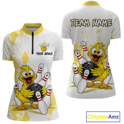 Front and back views of a women's short-sleeve bowling-themed polo shirt. The shirt has a white base with yellow diamond patterns, a yellow collar, and a large cartoon yellow duck holding a black bowling ball with white bowling pins.