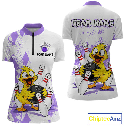 Front and back views of a women's short-sleeve bowling-themed polo shirt. The shirt has a white base with purple splatter and diamond patterns, a purple collar, and a large cartoon yellow duck holding a black bowling ball with white bowling pins.