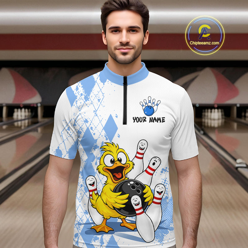 A man wearing a custom bowling-themed short-sleeve jersey with a blue and white patterned background, a yellow cartoon chick, and bowling pins. The jersey has a black zipper at the collar and 'YOUR NAME' printed on the chest.