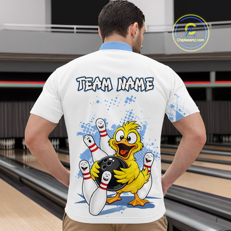 A man viewed from behind wearing a white bowling-themed short-sleeve shirt with a cartoon yellow duck holding bowling pins and the text 'TEAM NAME' printed on the back. The background shows a bowling alley interior.