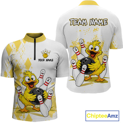 Front and back views of a white and yellow bowling-themed short-sleeve jersey with a cartoon yellow duck holding bowling balls and pins, customizable text on the front, and 'TEAM NAME' on the back.
