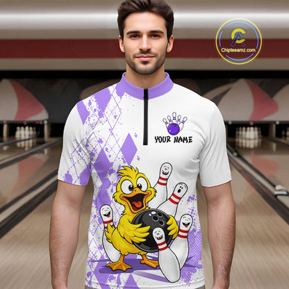 A man wearing a white and purple bowling-themed short-sleeve shirt with a cartoon yellow bird holding bowling pins and a bowling ball, set against a bowling alley background. A 'Chipeeamz.