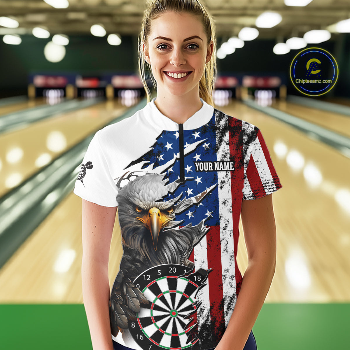 Custom American Flag Eagle Dart Shirts for Women Darts Team Jerseys Polo & 1/4 Zip NNT138