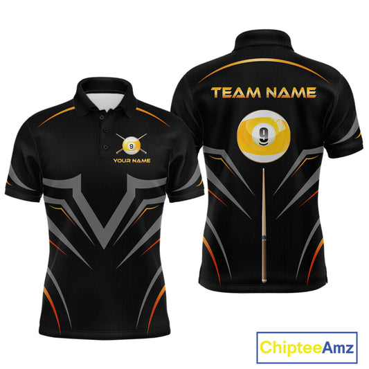 Custom Black and Gold 9 Ball Pool Billiard Shirt for Men Polo & 1/4 Zip Billiard Team Jerseys NNT158