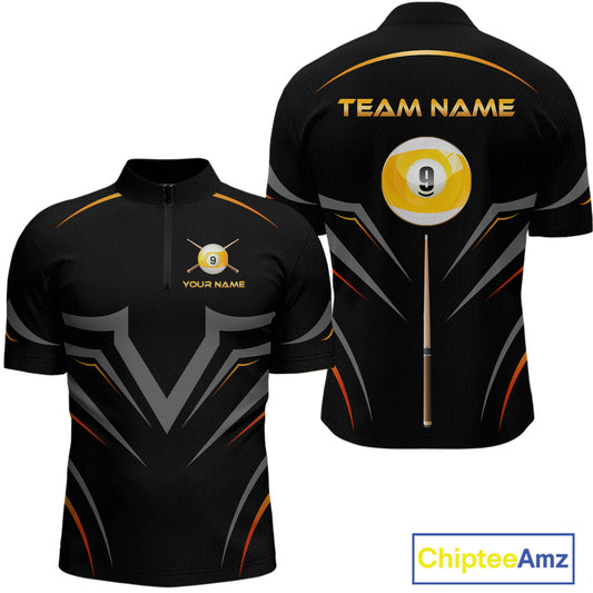 Custom Black and Gold 9 Ball Pool Billiard Shirt for Men Polo & 1/4 Zip Billiard Team Jerseys NNT158